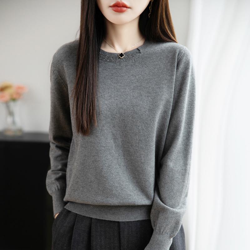 Women's Rhinestone Crew Neck Knit Sweater - Elegant, Versatile, and Stylish for Autumn & Winter