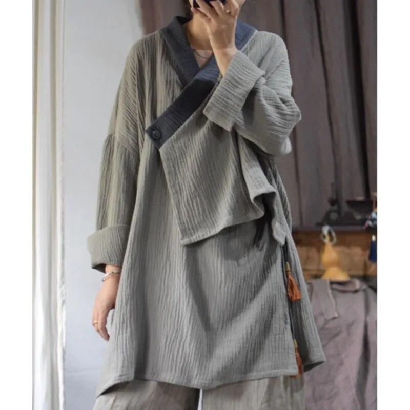 Johnature Distress Lin Kinesisk Skjorte Høst Kvinne Mote Vintage Ensfarge Løs Casual skjorte