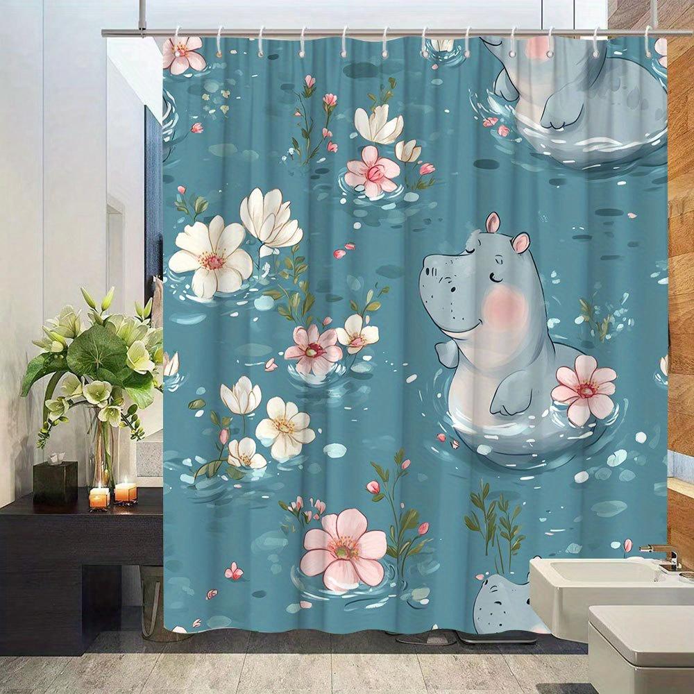 Hippopotamus & Floral Pattern Shower Curtain - Bathtub Partition, Hanging Cloth, Polyester Bathroom Decor,  12 Hooks