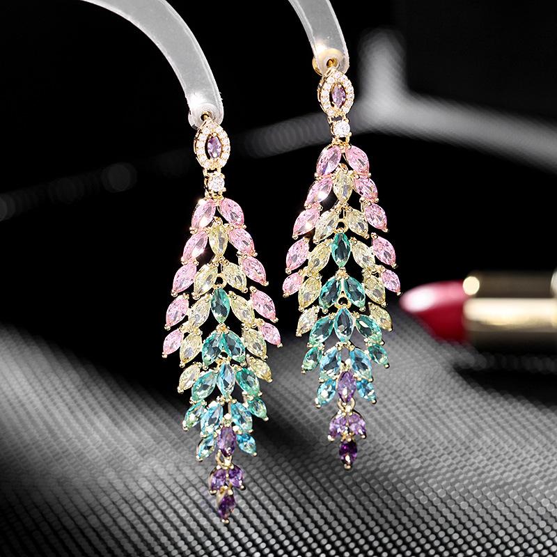 Europe And America New Style Vintage Tassel Earrings Colorful Cubic Zirconia Earrings Banquet Dress Accessories Leaf Earrings