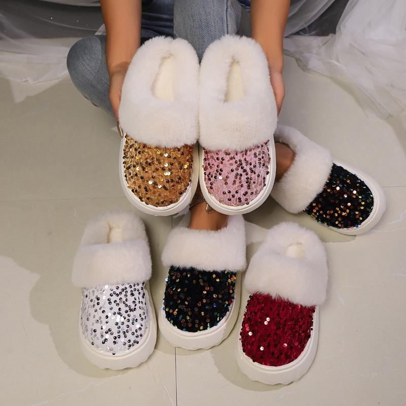 Cotton Slippers with Girly Glitter, Wide Fuzzy Collar, Plush-Topped, Warm Home Cotton Slippers