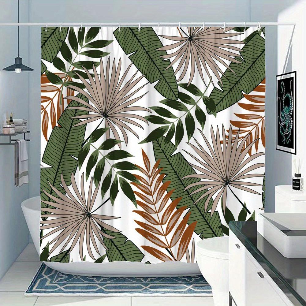1 Tropical Leaves Pattern Shower Curtain, Modern and Simple Design, Green Beige Brown Texture Polyester Fabric, Machine Washable