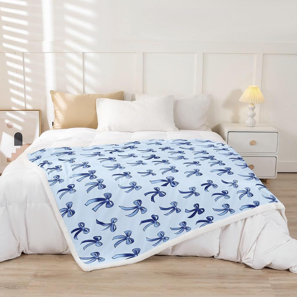 Blue Bow Pattern Blanket Soft Fleece Throw Elegant Home Decor Gift for Women Girls Bedroom Bedding Cover