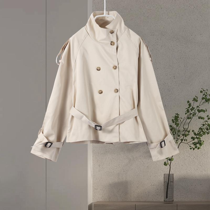 Stand Up Collar Lace-up Short Trench Coat Women's Long Sleeve Double Breasted Thin Slim Jacket Commuter Windbreaker 2025 Autumn Coatwear