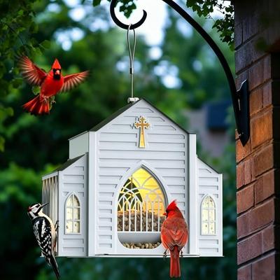Kirchenförmiger Metall-Vogelfutterspender mit Solarlampe, Hängender Outdoor-Vogelfutterspender, 5 Pfund Große Kapazität Wetterfester Vogelfutterspender mit Fettfutter & Obstfütterung