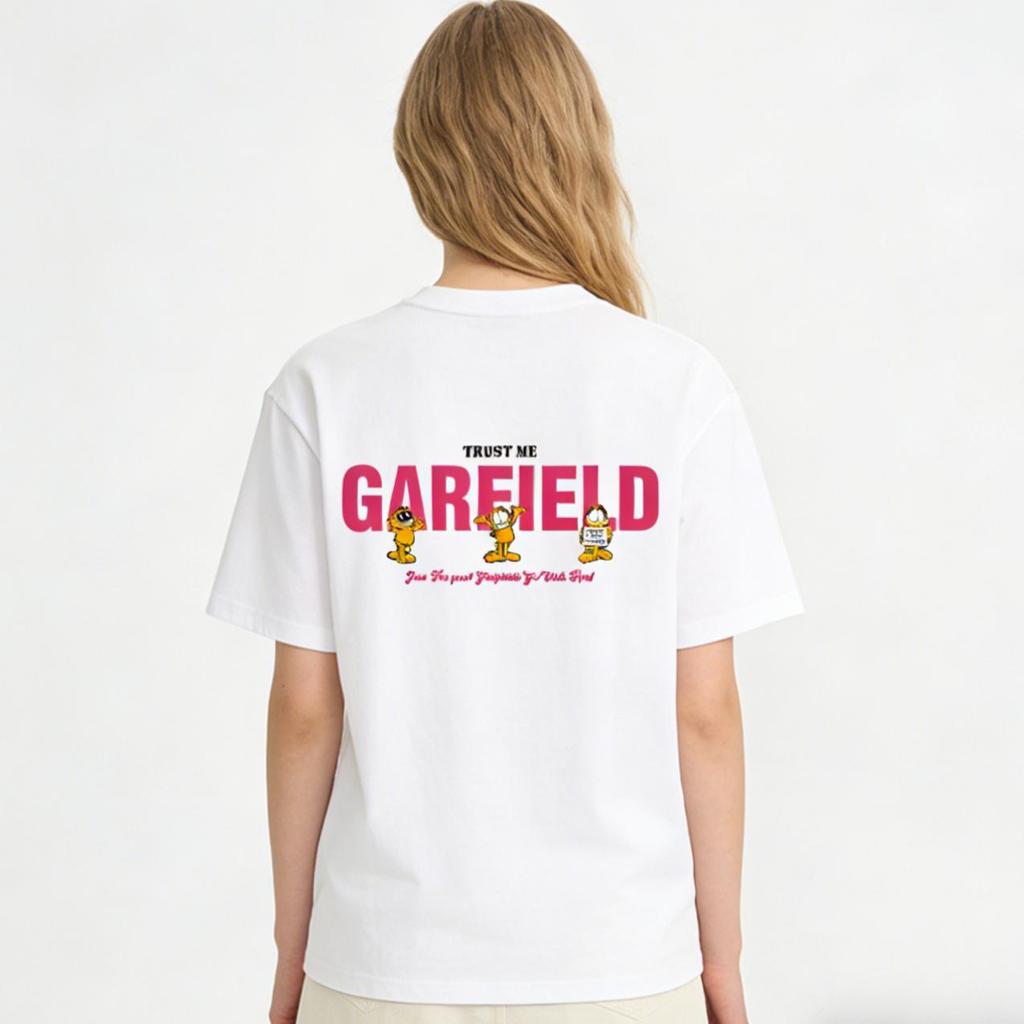 Garfield "TRUST ME" Front and Back Print Short Sleeve T-Shirt, American Streetwear Brand Heavyweight Cotton Loose Fit Oversized Couple Top