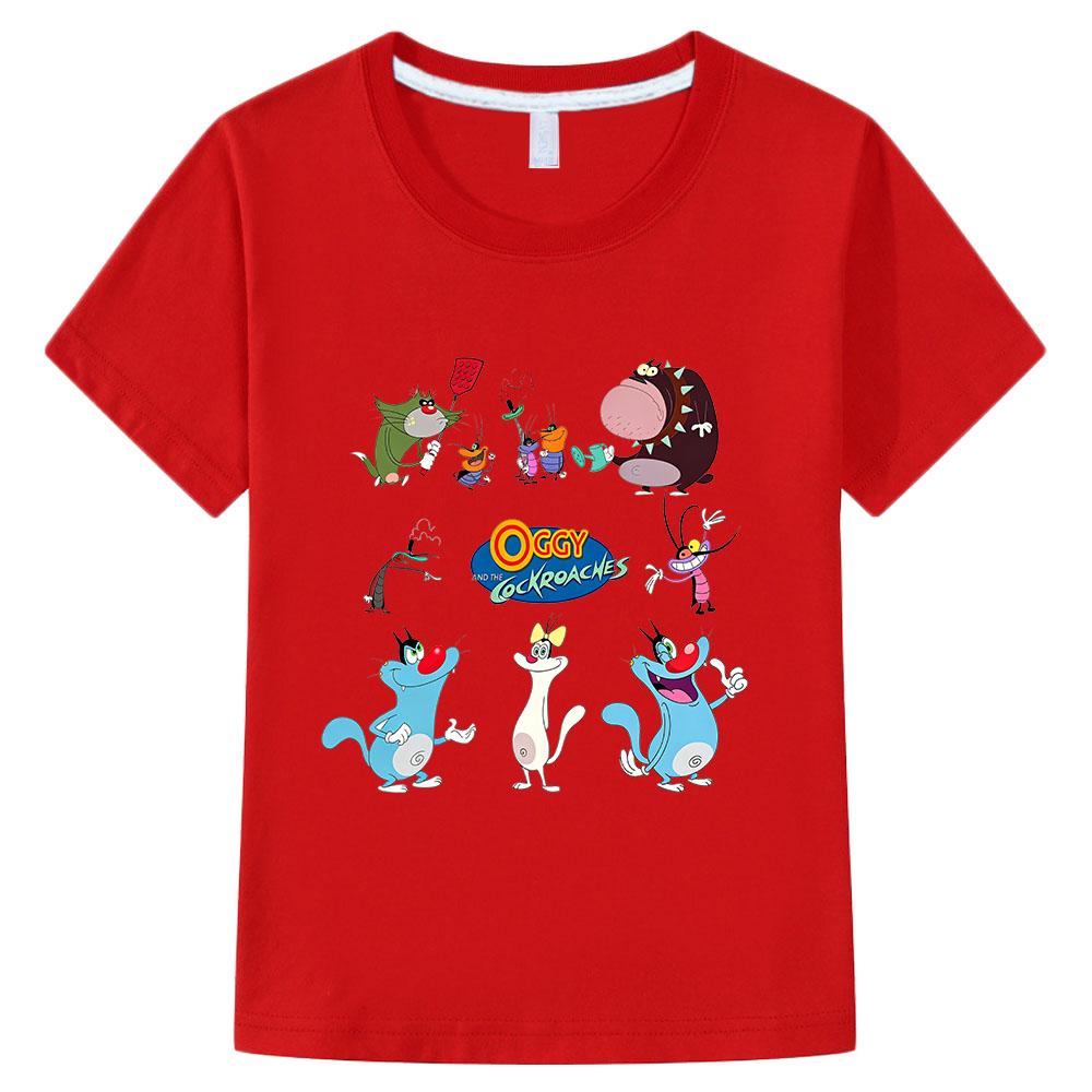 

Oggy and The Cockroaches Children s T-Shirt 100% Cotton Cartoon Print Vintage tops Cute Kids Casual O-Neck Short Sleeve Summer 100 червоний