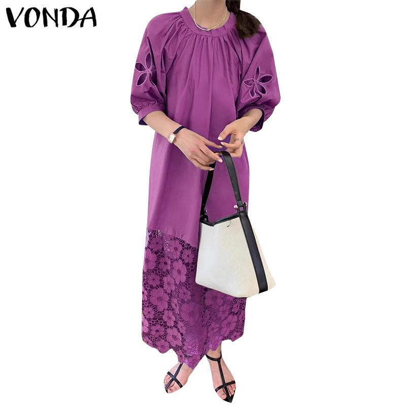 VONDA Sommer Damen Rundhals Halbarm Spitze Häkeln Patchwork Freizeitkleid