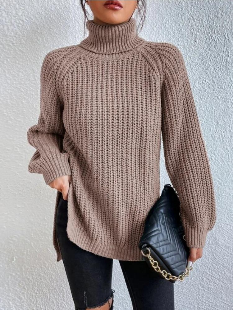 Autumn Winter Knitwear Mid Length Raglan Sleeve High Collar Split Hem Sweater Dress Luxurious Relaxed-fit Slimming and Versatile Top