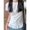 Lace Hem Patchwork White Short Sleeve Women's Summer Korean Blouse