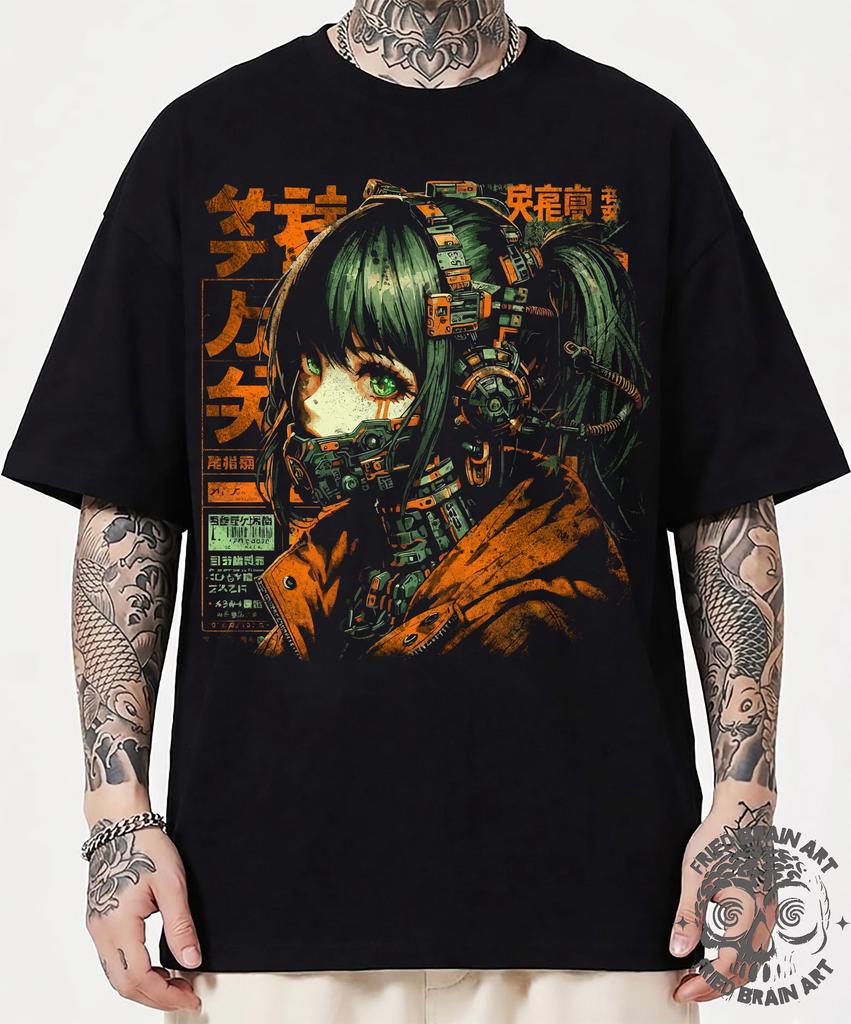 Cyberpunk Anime Girl T-Shirt: Futuristic Robot Design