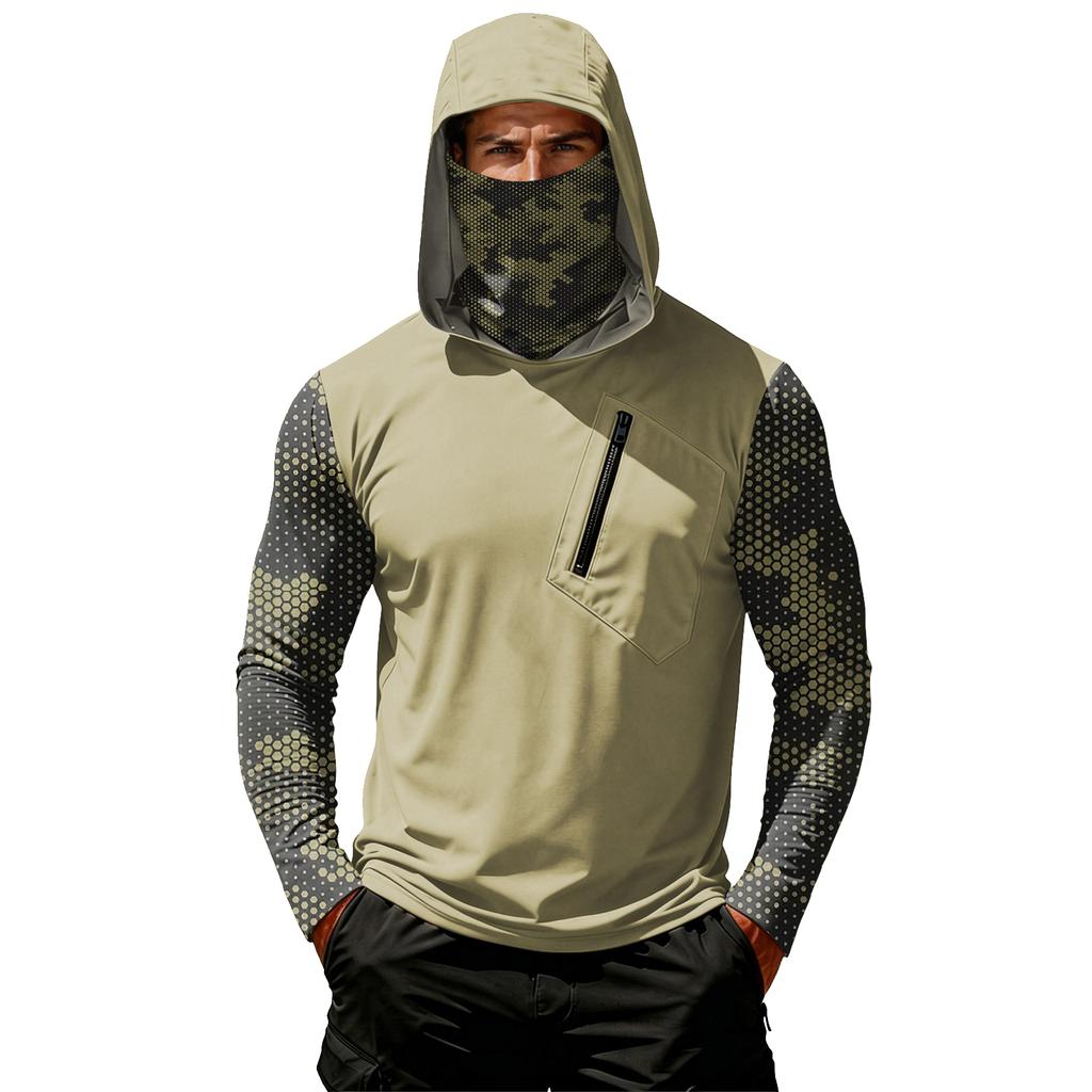Men's Casual Camouflage Print Hooded Long Sleeve Sun Protection Shirt Lightweight Breathable Outdoor Activewear
