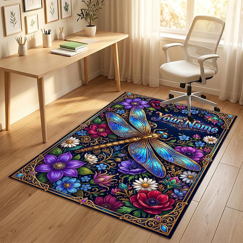 Dragonfly Dreams Bloom Theme Soft Crystal Velvet Rug Custom Name & Text Print Non Slip Floor Rug for Bedroom Living Room