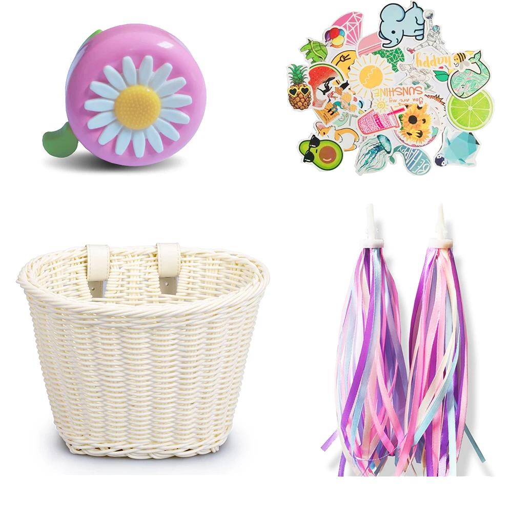 Bike Front Basket Handlebar Cycling Hand-Woven Rattan Pannier Container with Bell Tassel Stickers Bicycle Waterproof Basket Bag