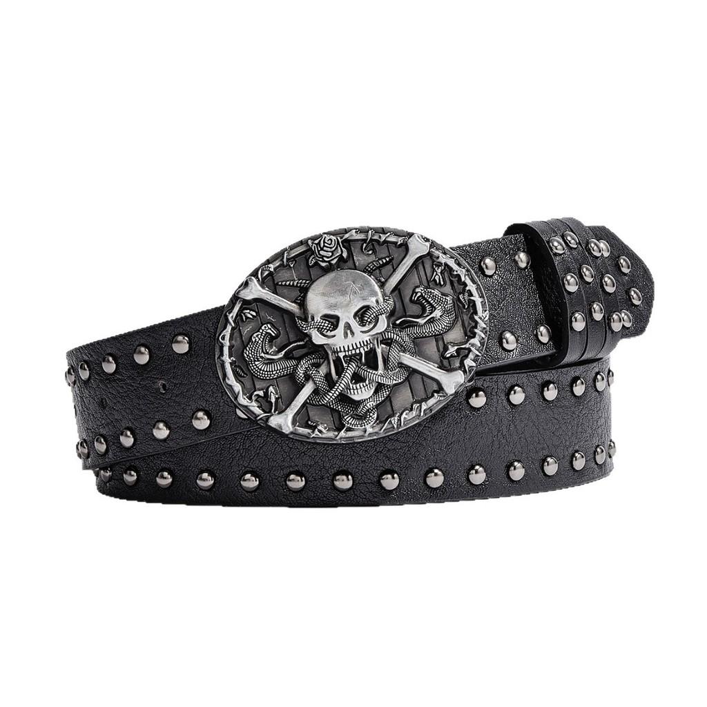 Skull Leather Punk Belt Men Rivet Design With Alloy Buckle For Hip Hop Style