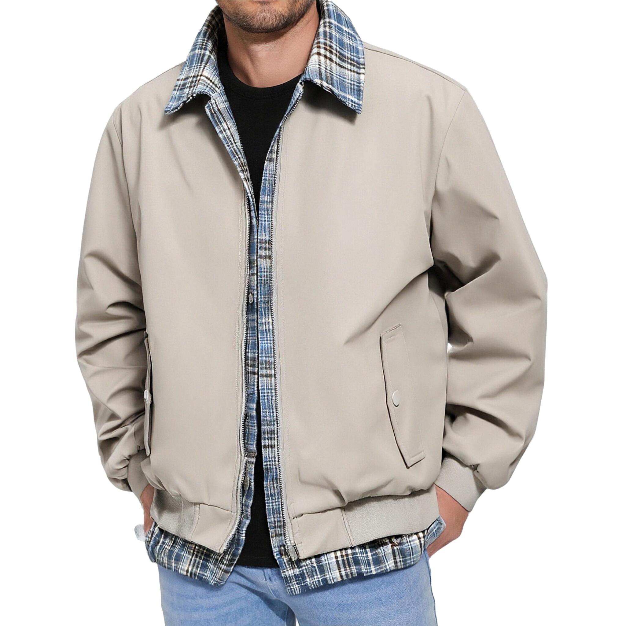 

Men s Casual Checkered Lapel Fake Two-piece Jacket, Men s Loose Casual Zipper Jacket XL хаки