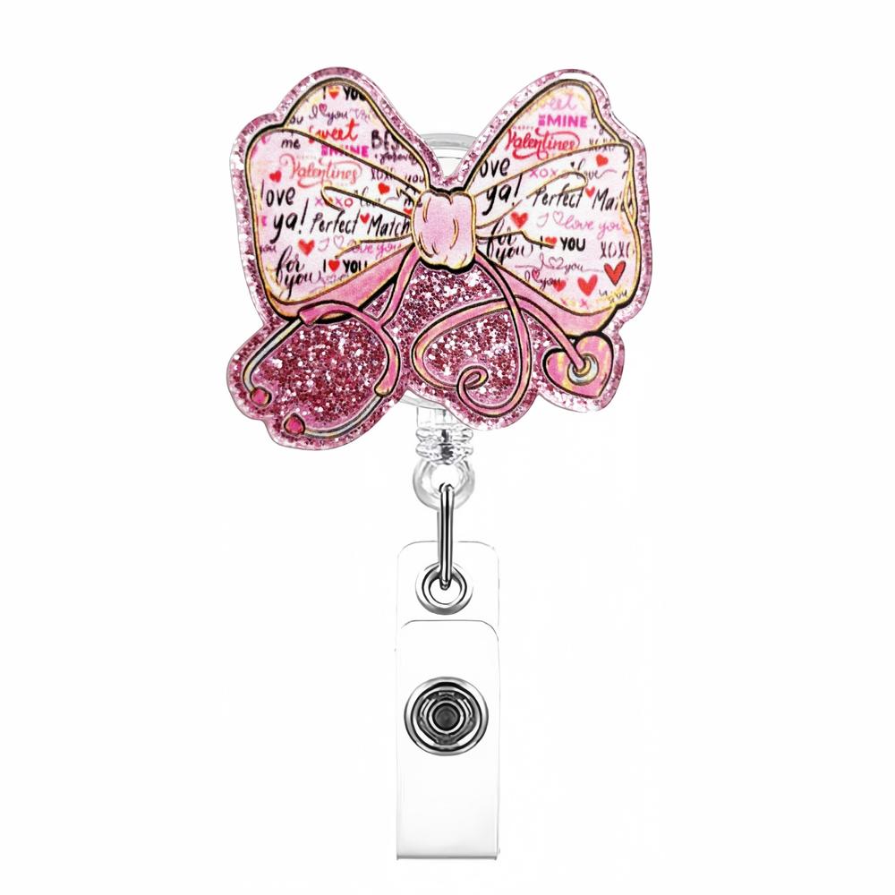 Bow Cherry Acrylic Badge Holder Sparkling Powder Medical Theme Retractable Pull Badge Reel Id Lanyard Name Tag Card Badge Holder