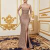 Women's Sparkly Sequin Long Formal Dress Square Neck Backless Split Mermaid Prom Dress Spaghetti Strap Evening Party Gown