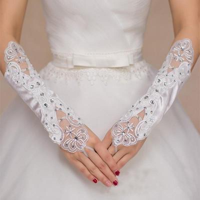 Bridal Wedding Evening Gown Satin Gloves with Rhinestone Flowers for Photo Shoots