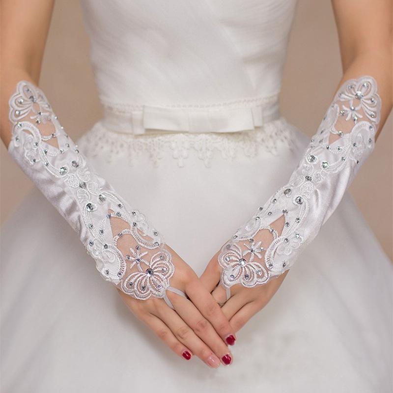 Bridal Wedding Evening Gown Satin Gloves with Rhinestone Flowers for Photo Shoots