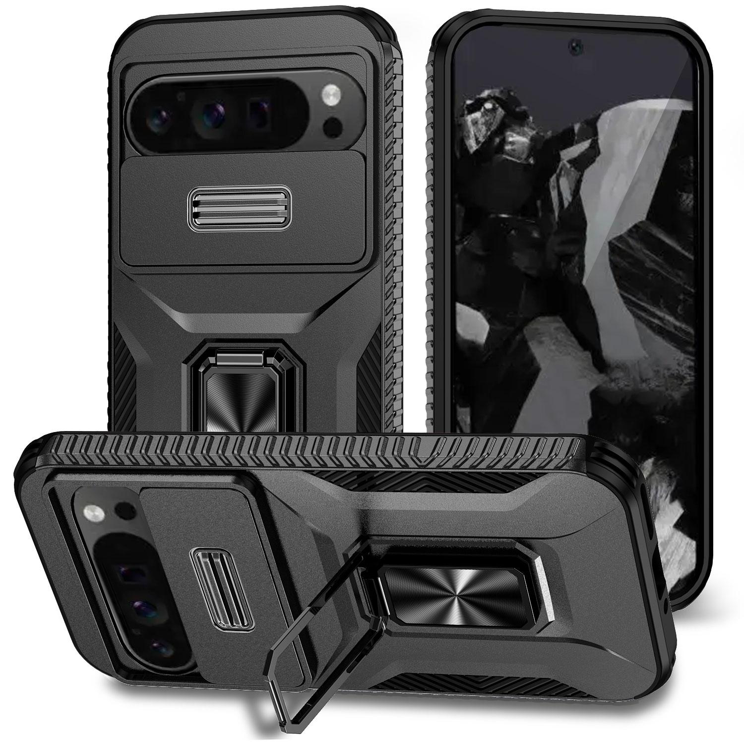 

Для Google Pixel 9 Pro XL Чехол TPU+PC Ring Kickstand Phone Cover с защитой объектива Black