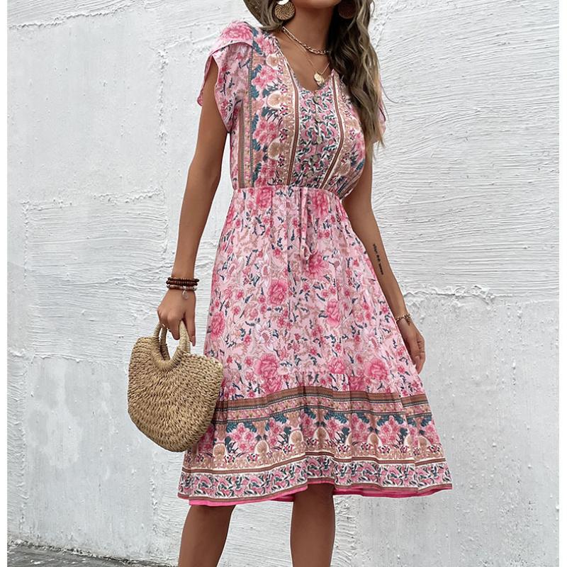 Nová Móda Vintage Šaty s Krátkým Rukávem Dámské Výstřih do V Tištěné Zelené Elegantní Šaty na Léto Áčkový Střih Vysoký Pas Ležérní Dámské Šaty 24340