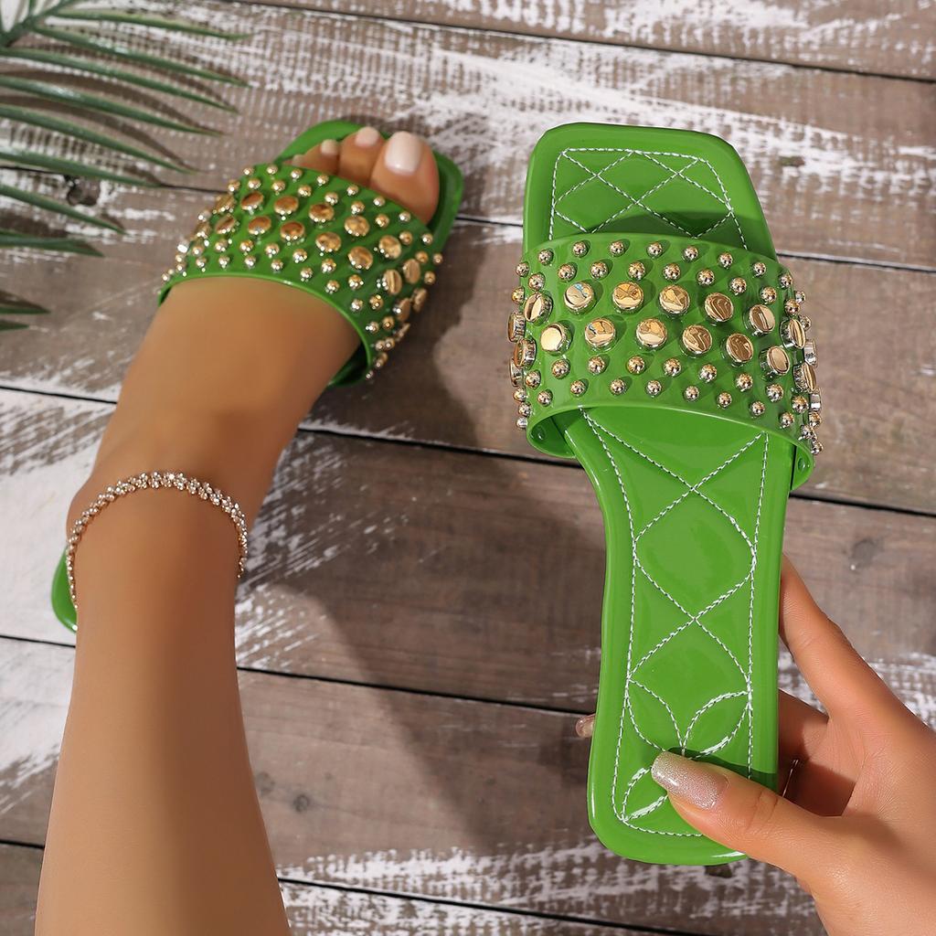 Temu European and American new metal spikes decorative flat slippers daily wear square head women's shoes slippers
