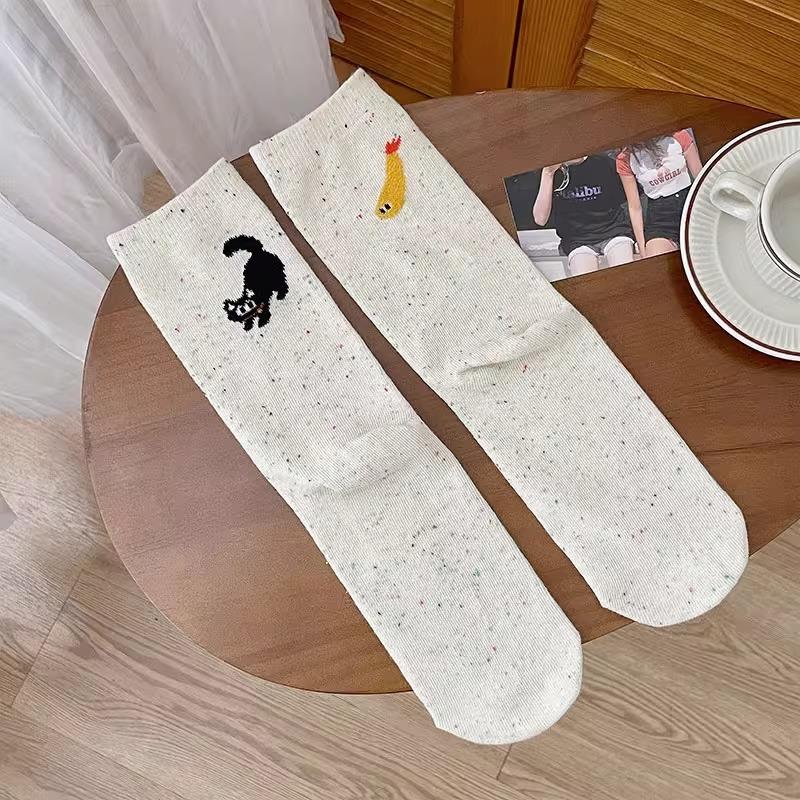 Spring and Summer Socks for Girls, Cute Cartoon Cat Socks, Women's Mid-calf Socks, Pure Cotton Socks