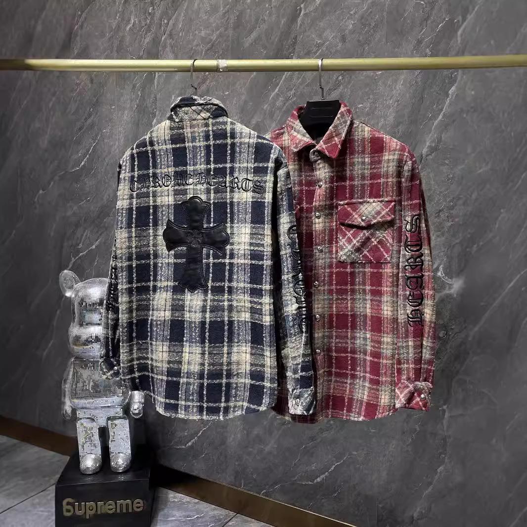 

Men s Plaid Wool Shirt with Embroidered Sanskrit Cross XL