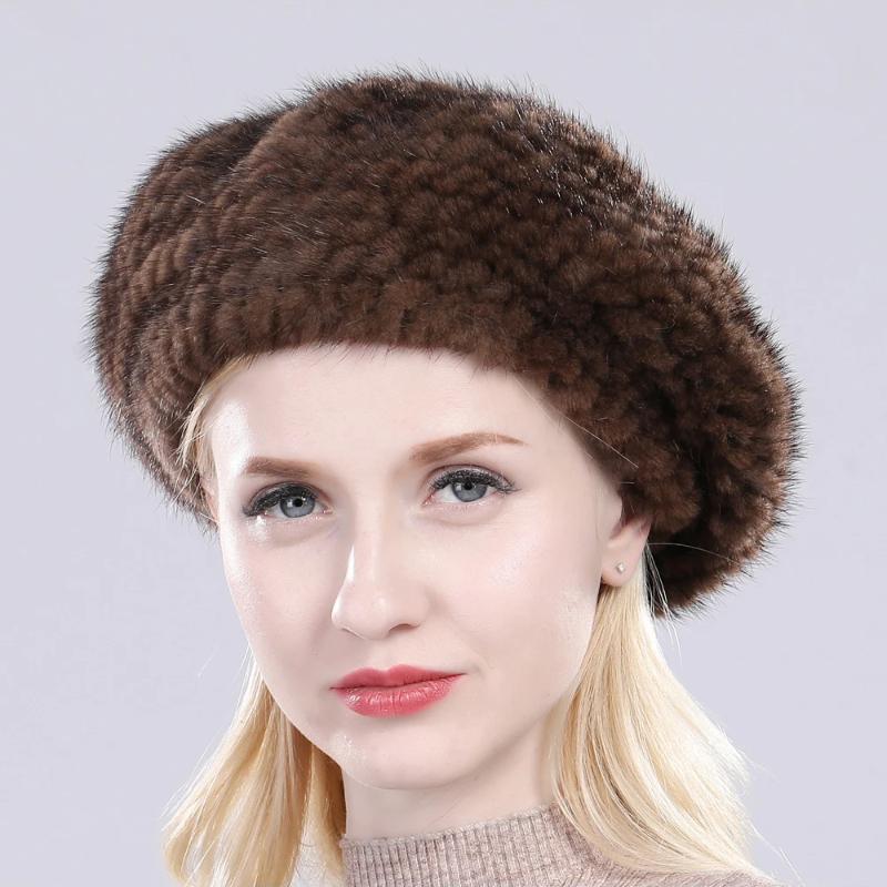 New Winter Lady Natural Mink Fur Beanies Hat Knit Warm Striped Genuine Mink Fur Caps Women Good Elastic Real Mink Fur Hat
