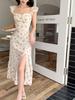 French Coffee Break Floral Suspender Dress Female Summer Pure Desire Style Retro Super Fairy Sweet Babe Sexy Split Long Dress