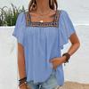 Summer Women Blouse Lace Embroidered Square Neck Backless Pullover Shirt Short Sleeve Lotus Leaf Holiday Spring S-XL