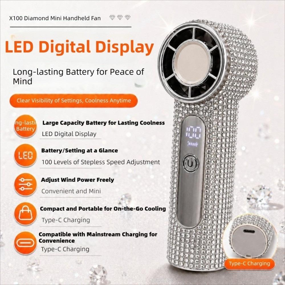 Strong Wind Rhinestone Handheld Fan 100 Gears Mini Fan Portable Electric Fan Summer