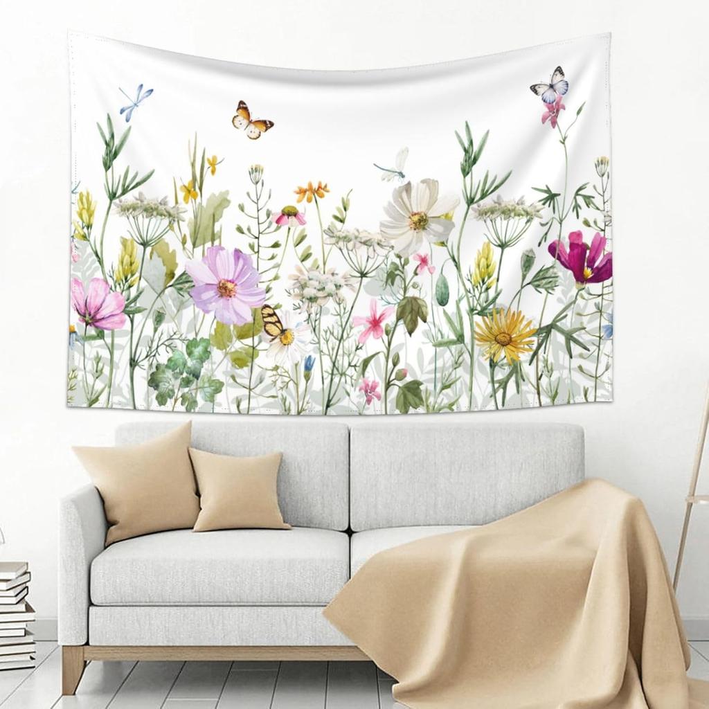 Botanical Polyester Fabric Tapestry Floral With Green White Spring Wall Hanging Tapestry,Plants Leaves Tapestry Daily Decorative