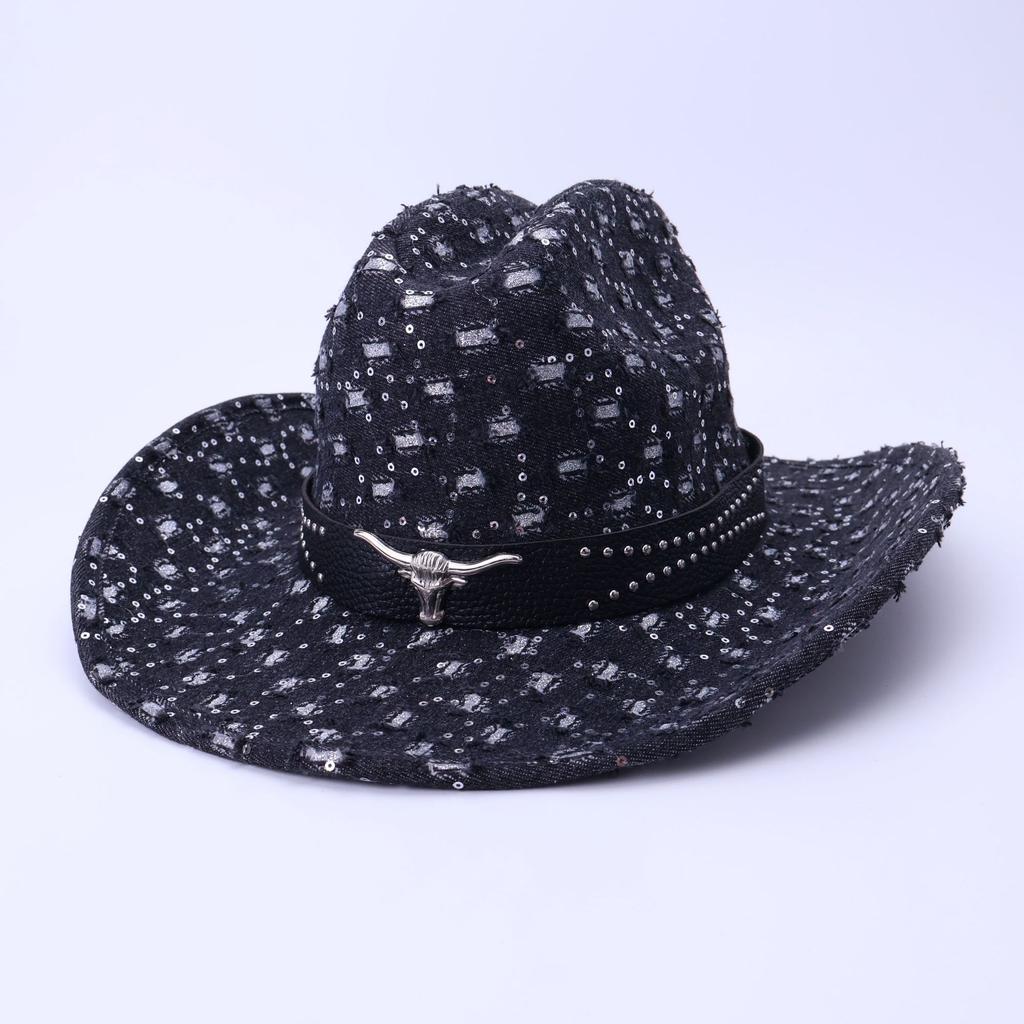 High-Quality Old Denim Ripped Western Denim Hat Fashionable Black Cow Head Belt Jazz Hat European And American Style Top Hat