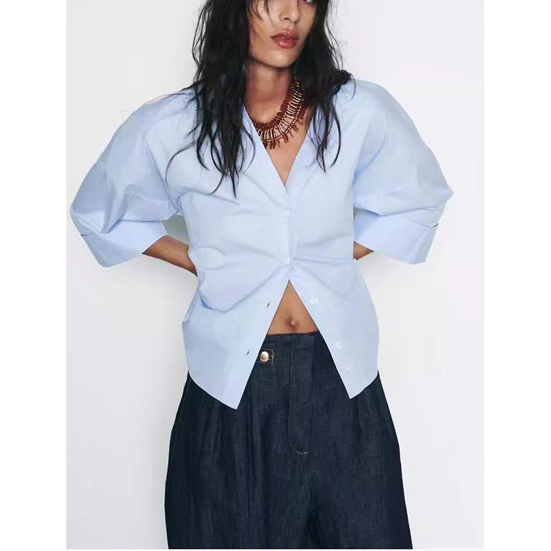 Spring/Summer New Women's Clothing French Style Design Cotton Poplin Long Sleeves Lapel Shirt Tops 8392255