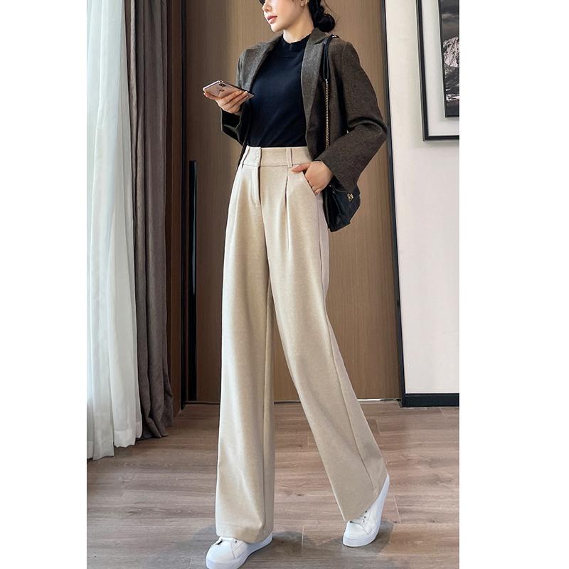 

Осінь-зима Жіночі лаконічні вовняні штани Жіночі широкі дизайнерські зовнішні брюки Жіночі ущільнені штани з високою талією з драпіруванням XXL бежевий