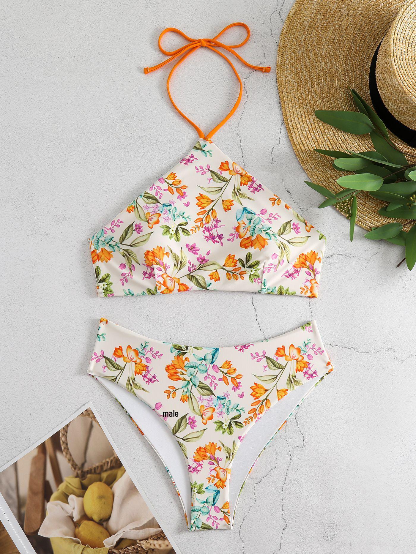 

Европейский и американский цветочный купальник-бикини халтер для женщин Small абрикосовый