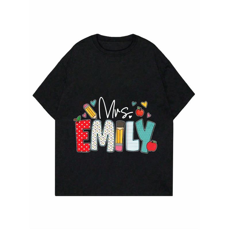 Women Casual T Shirt Black Mrs Emily Teacher Print With Pencils Apples And Hearts Design For School Teaching Workwear