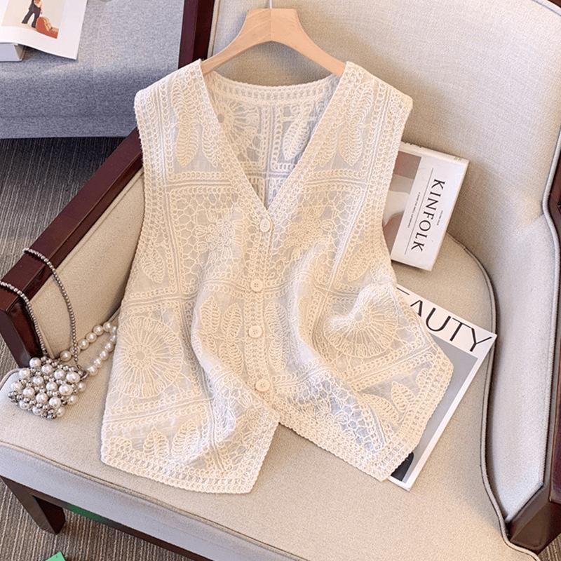 

Bohemian vacation style hook flower hollow stacked wearing versatile vest cardigan with fat mm sleeveless top One size fits all