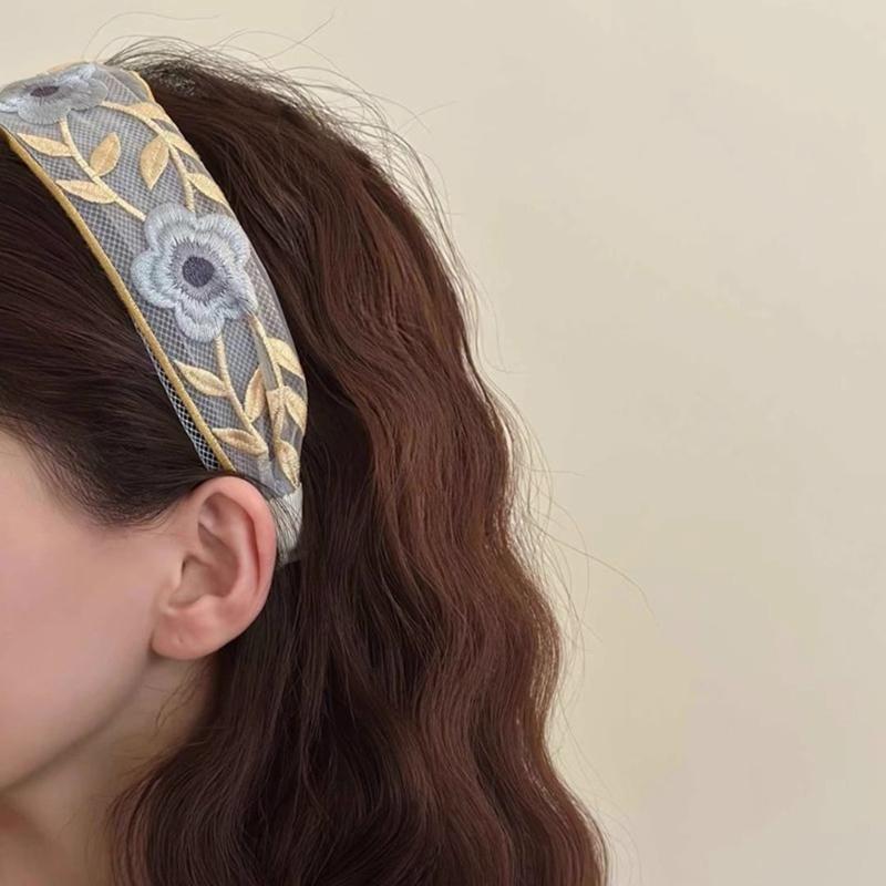 Hand-Made Cotton Linen Hairband Intricate Embroidery Blossom Design Adjustable Wide Band Unisex Hair Accessory