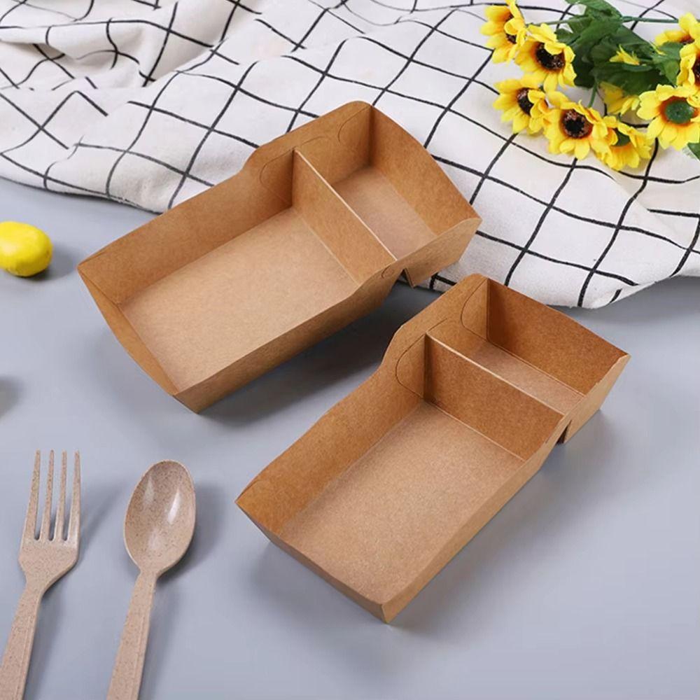 50Pcs 320/440/520ML Capacity Disposable Food Serving Tray Two Grids Kraft Paper Snack Box Camping