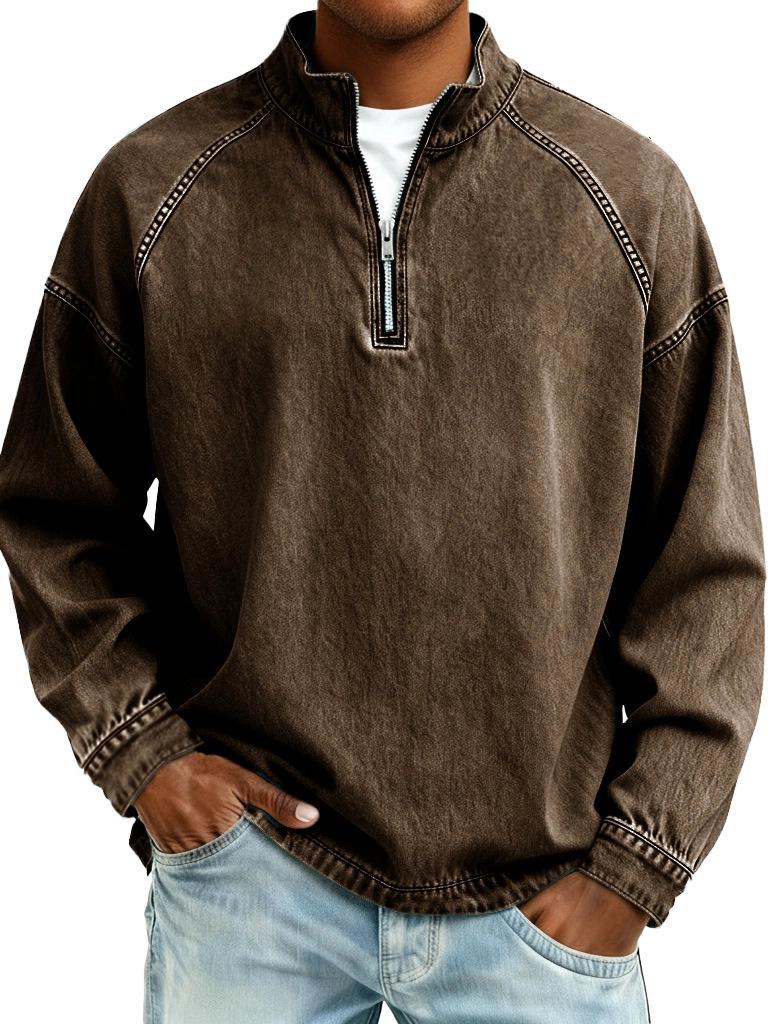 Men's Washed Solid Color Pure Cotton Hoodie with Stand-Up Collar and Half-Zip Closure for Autumn/Winter
