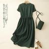 Summer Linen Cotton Solid Color Dress Short Sleeved Round Neck Waist Cinched Mid Length Skirt for Women