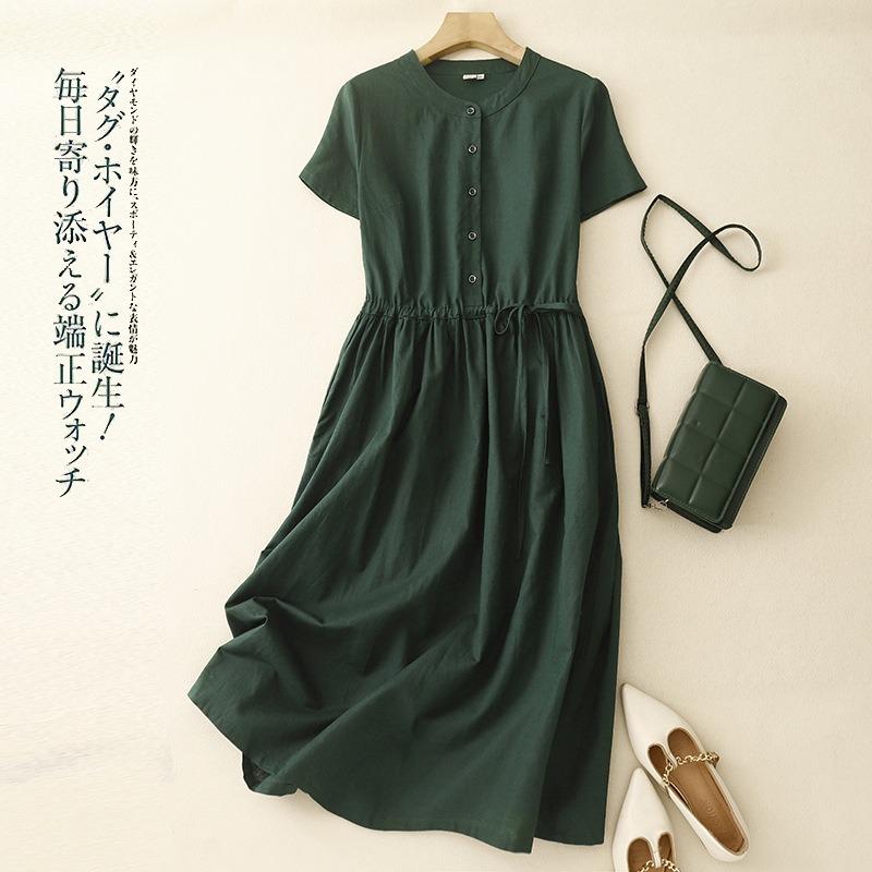 Summer Linen Cotton Solid Color Dress Short Sleeved Round Neck Waist Cinched Mid Length Skirt for Women