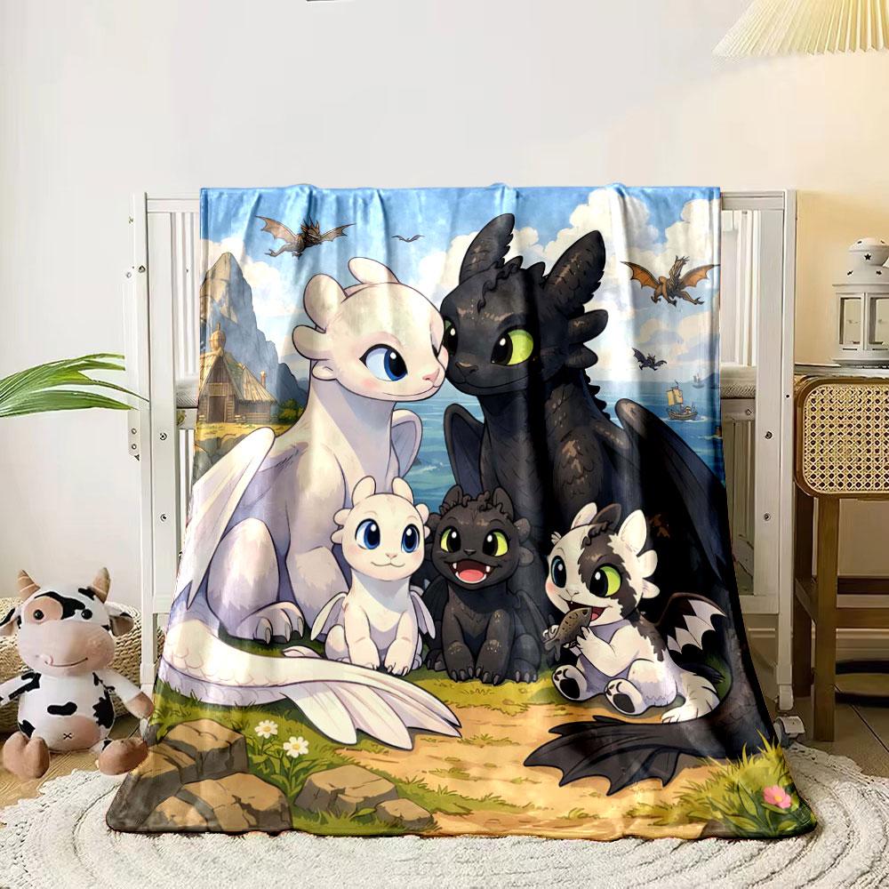 Cartoon dragon family with parents and playful baby dragons by the sea. for all seasons blanket lunch break throw gift 80cm x 120cm