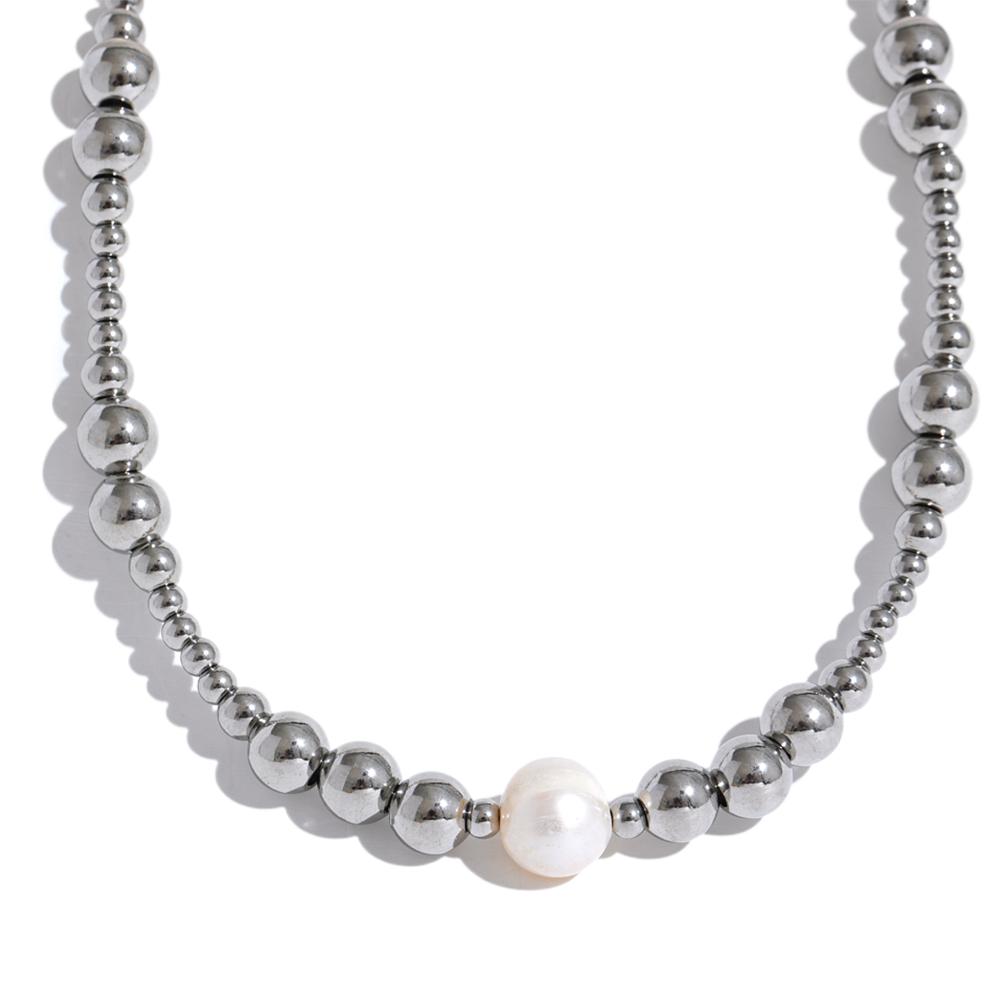 

Yhpup Waterproof Stainless Steel Natural Pearl Metal 18K Gold Plated Beads Necklace Women Fashion Collar Jewelry Bijoux