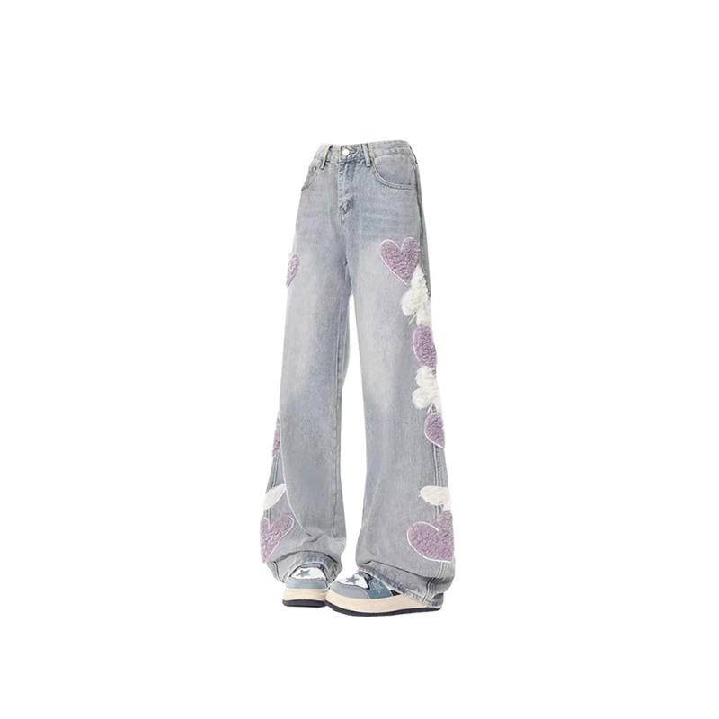 Women Jeans with Heart Vintage Y2k 90s Aesthetic Baggy Denim Trouser 2000s Harajuku Kawaii Wide Cowboy Pants Trashy Clothes 2024