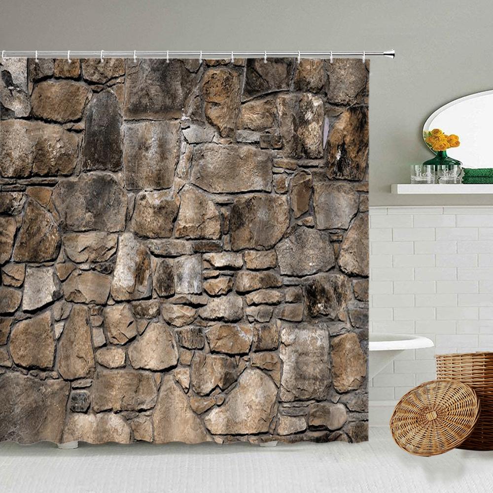 Stone Brick Wall Shower Curtain,Ivy Green Leaves Climbing On Rustic Marble Rocks Stone Wall Fabric Bathroom Shower Curtains