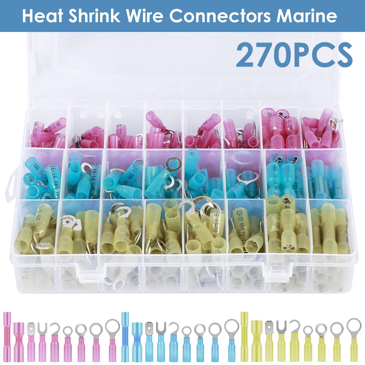 

270Pcs Heat Shrink Wire Connectors Electrical Kit Waterproof AWG 12-10 16-14 22-16 Marine Fork Ring Wire Crimp Butt Connectors